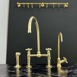 3 Legs Bridge Faucet With Sprayer Made Of Unlacquered Brass